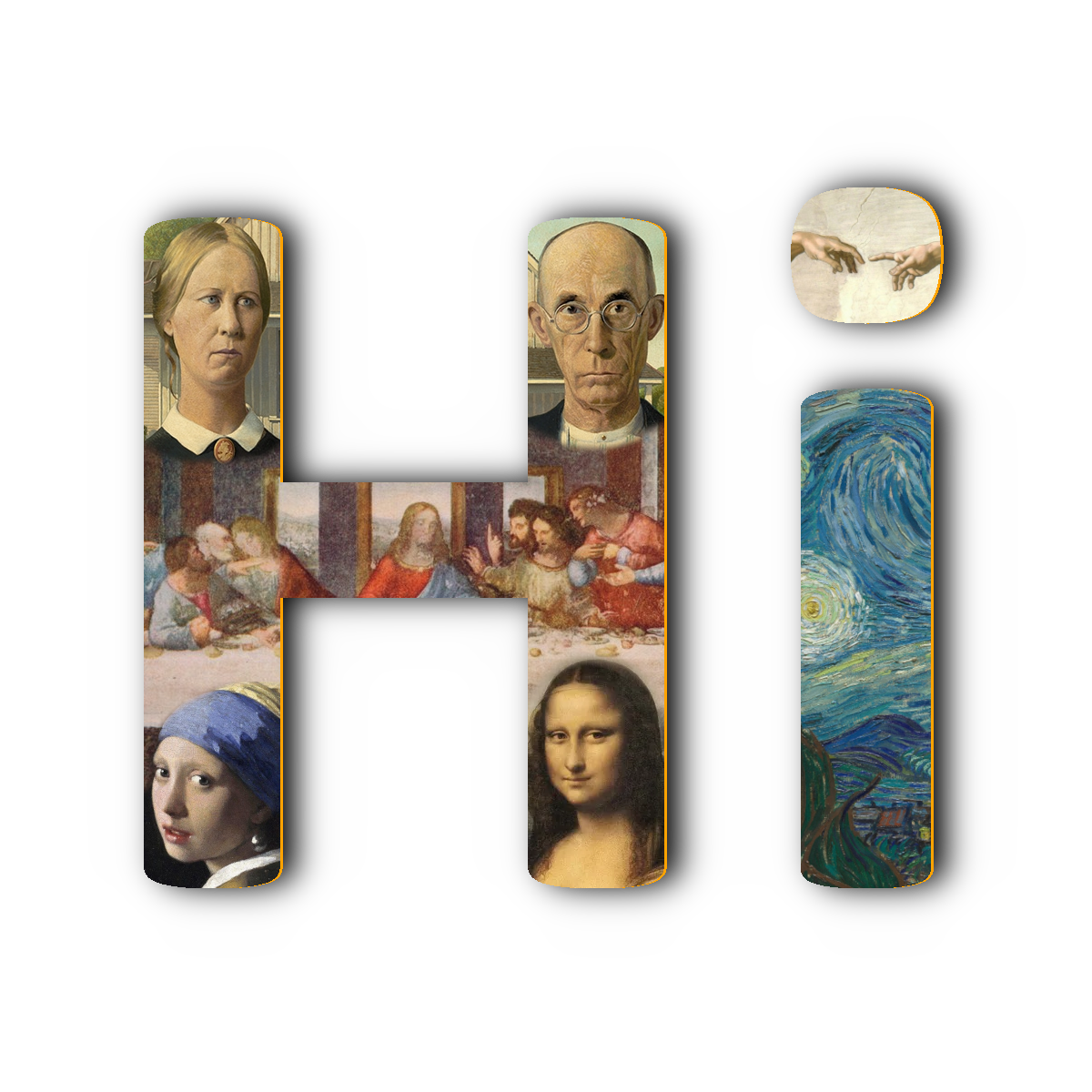 Collage of images, including portraits of women and men, The Last Supper, Mona Lisa, The Creation of Adam, and Starry Night by Vincent van Gogh, with black square overlays.