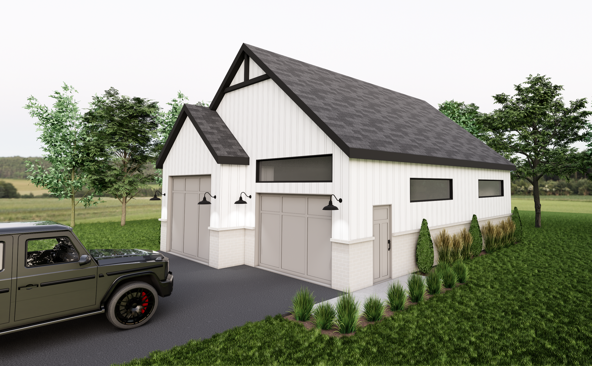 Modèle de maison moderne blanche avec garage, porte d'entrée, fenêtres horizontales, entourée d'arbres et de plantes, avec voiture noire garée devant.