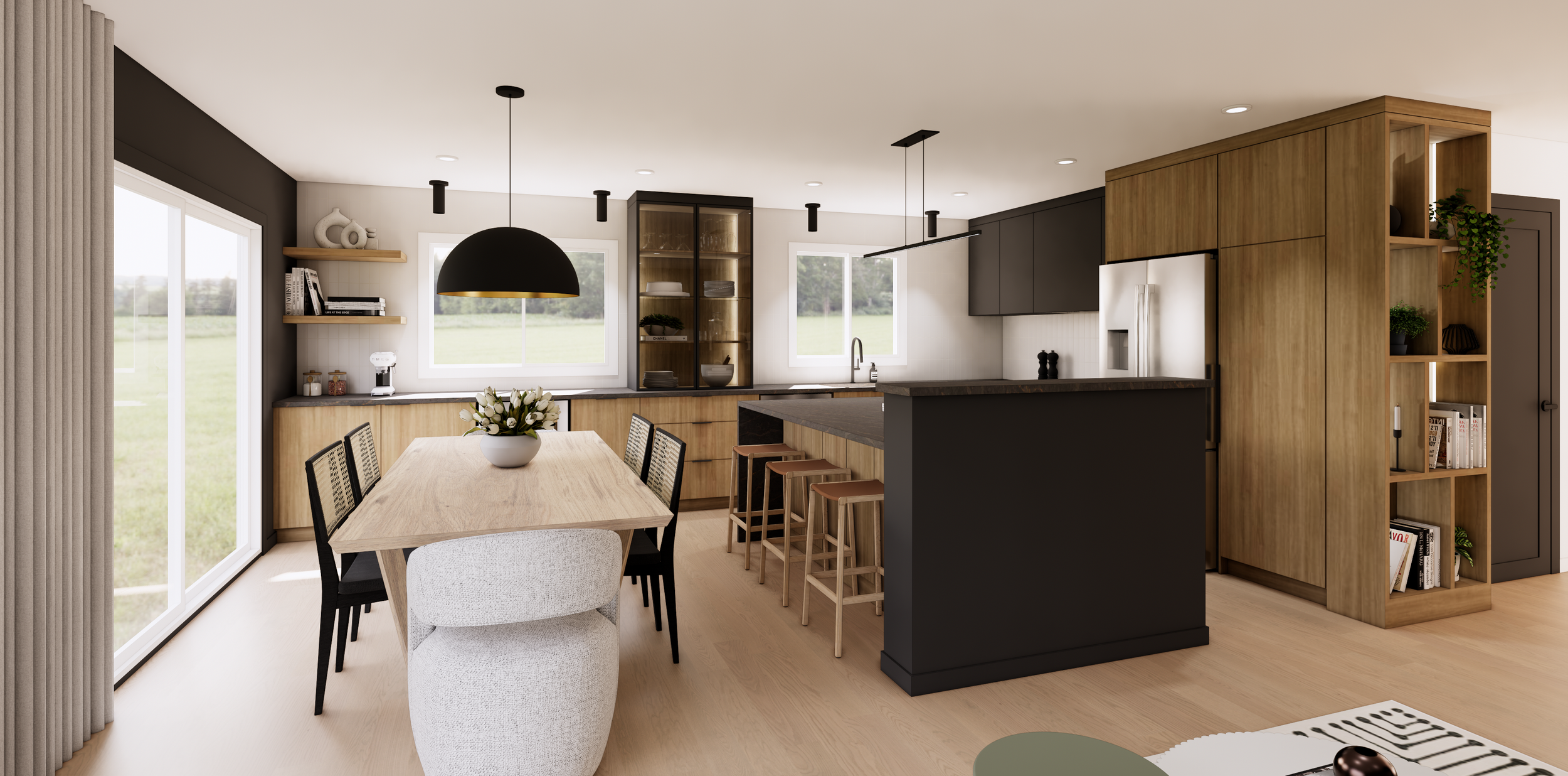 Intérieur moderne d'une cuisine avec une table en bois, chaises, un grand îlot central, et des étagères en bois sur un fond blanc et noir, vue sur un espace lumineux avec fenêtres et vue extérieure