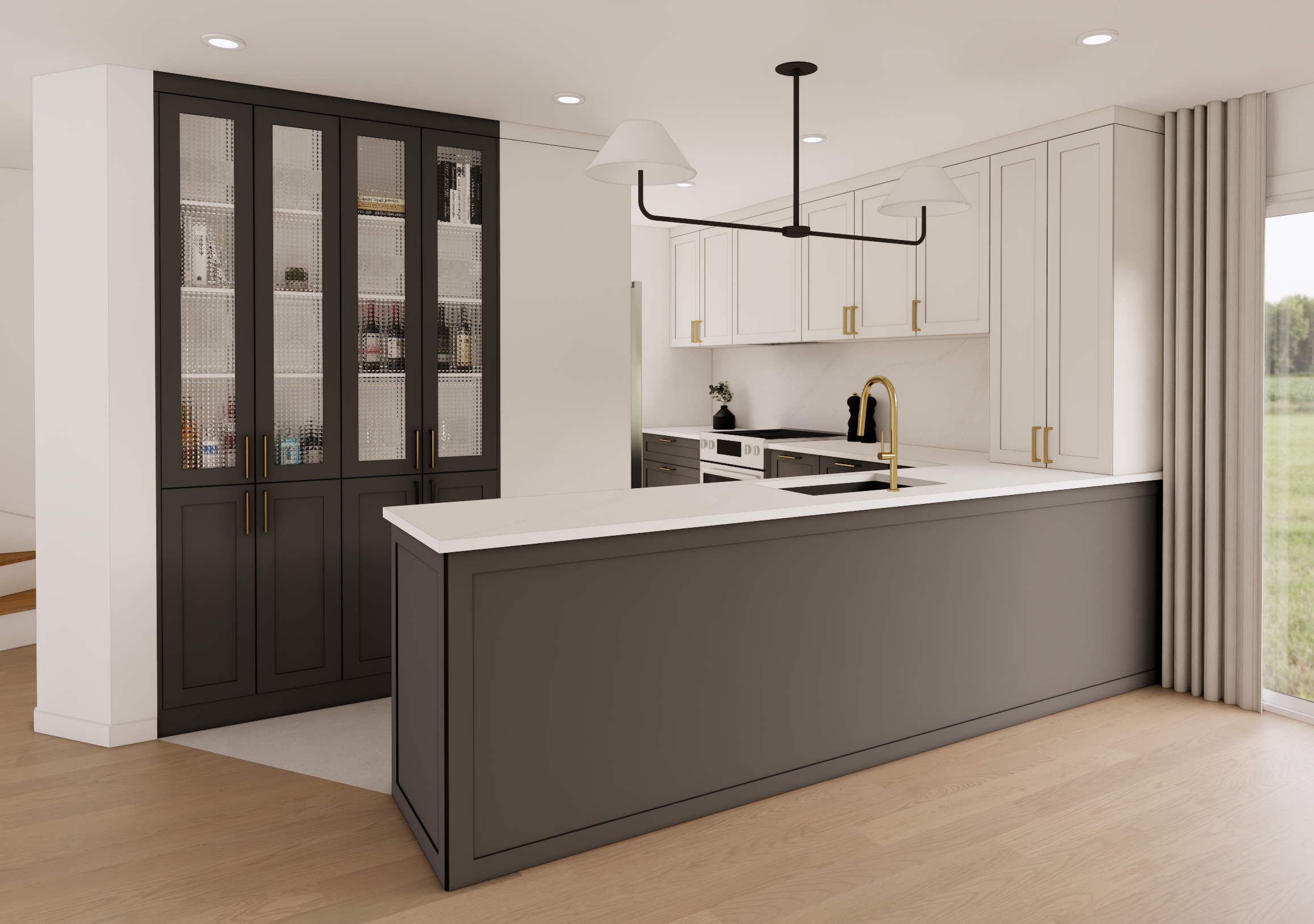 Cuisine moderne avec îlot gris foncé, murs et armoires blanches, sol en bois clair, vitres, et éclairage suspendu