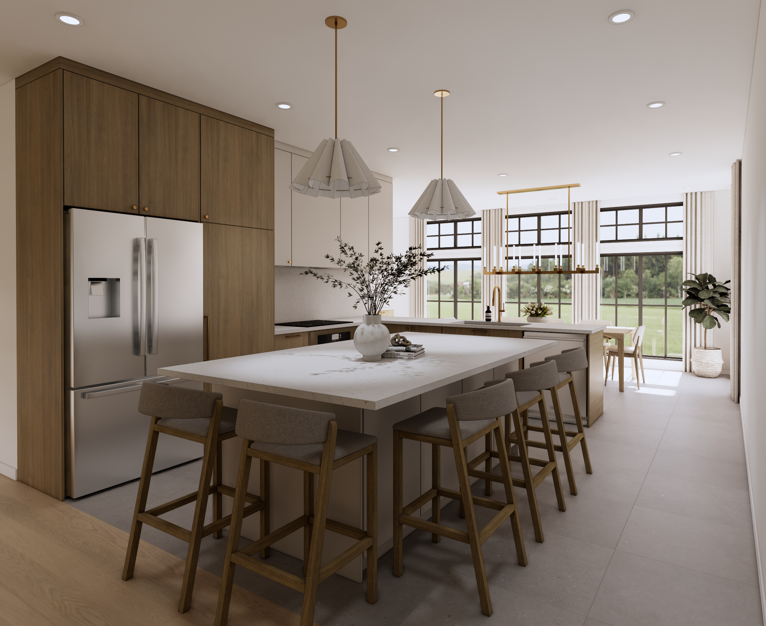 Cuisine moderne avec îlot central, banquettes, grande fenêtre avec vue sur la nature, décor minimaliste avec plantes et lampes suspendues.