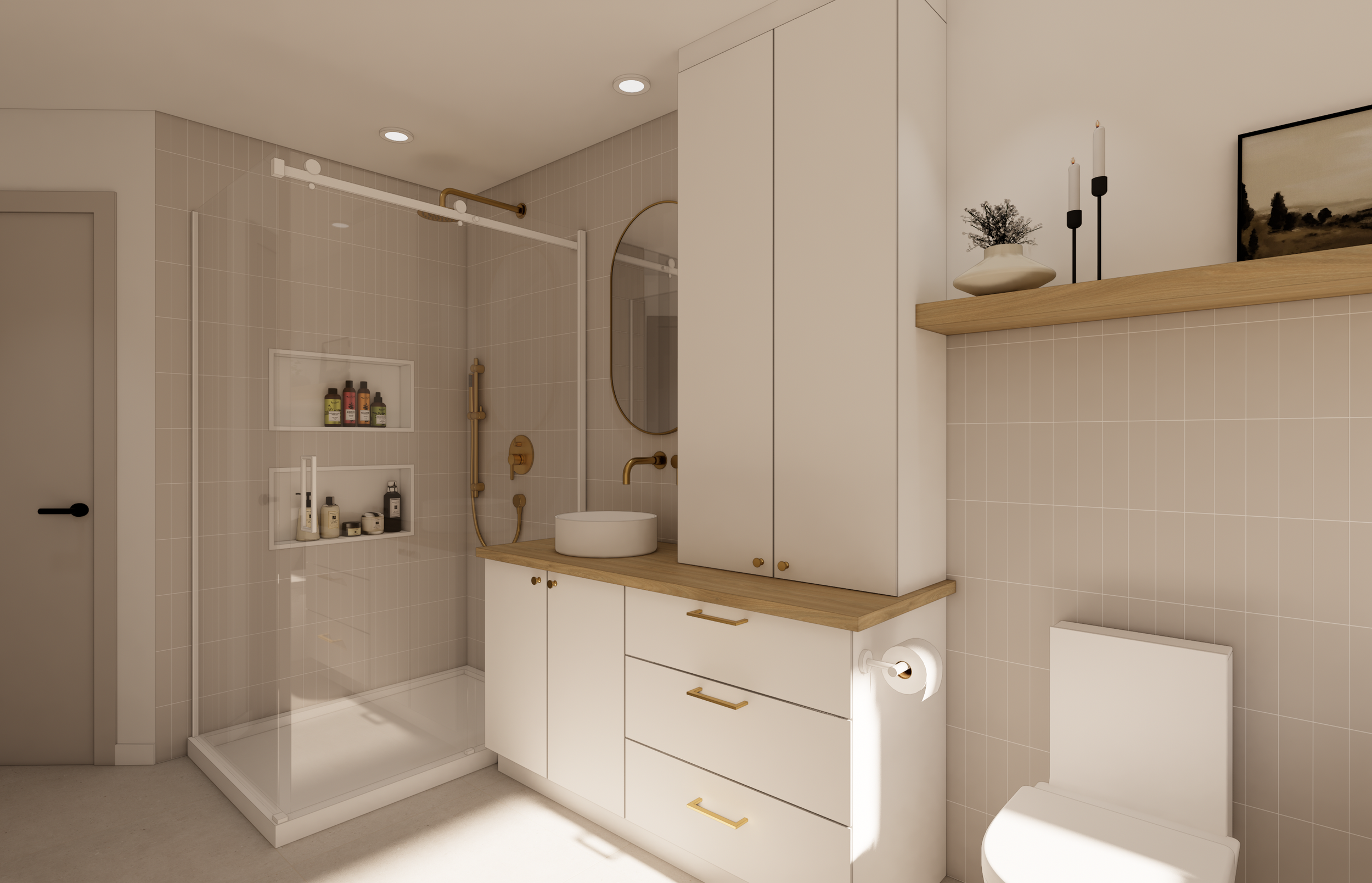 Une salle de bain moderne avec une douche, un meuble avec un lavabo rond, une armoire blanche, une étagère en bois avec des bougies, et un WC, dans des tons neutres et minimalistes.