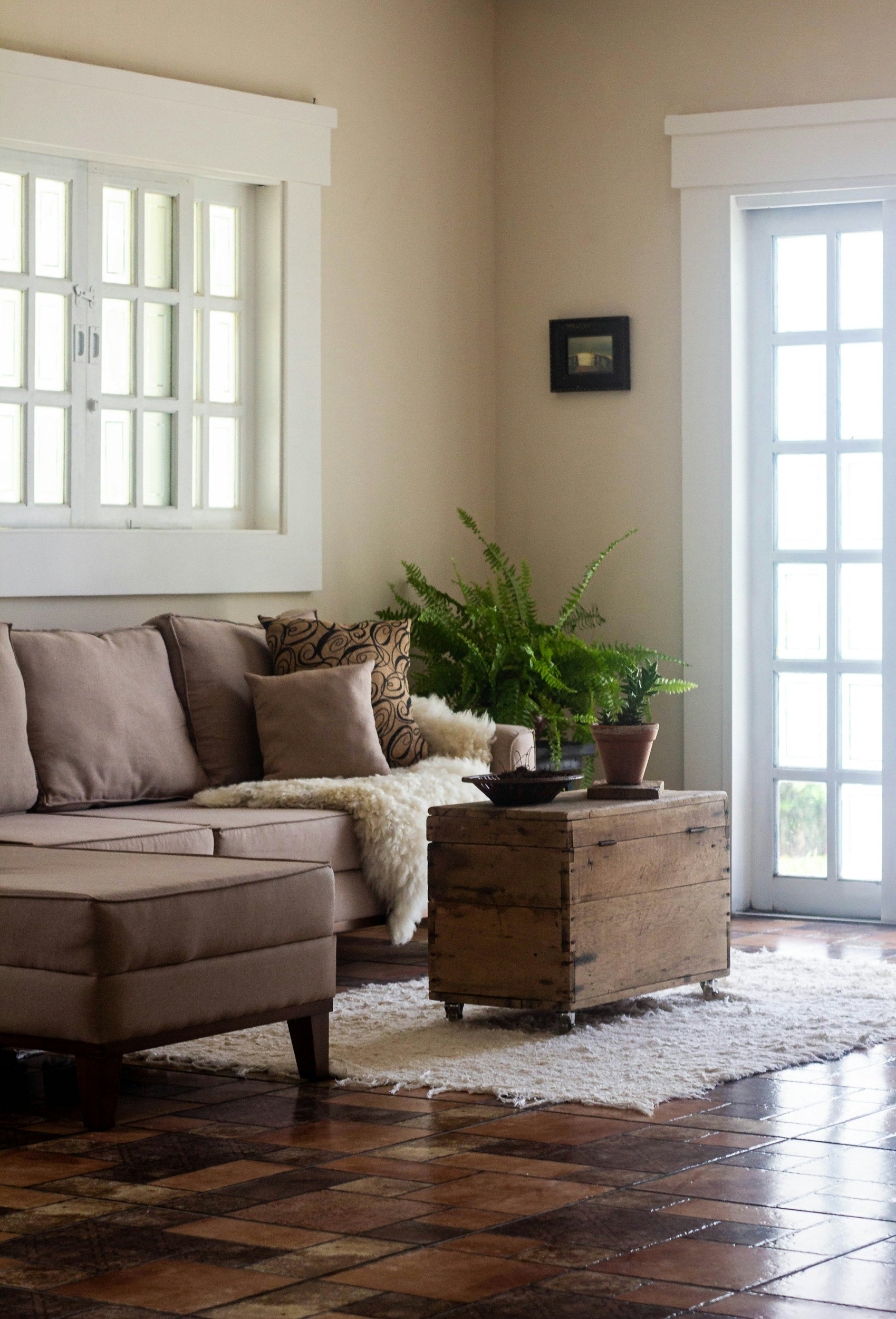 Living room with beige sectional sofa, patterned and plain pillows, a sheepskin throw, a wooden storage chest table with potted plants, a cream area rug, and windows letting in natural light.