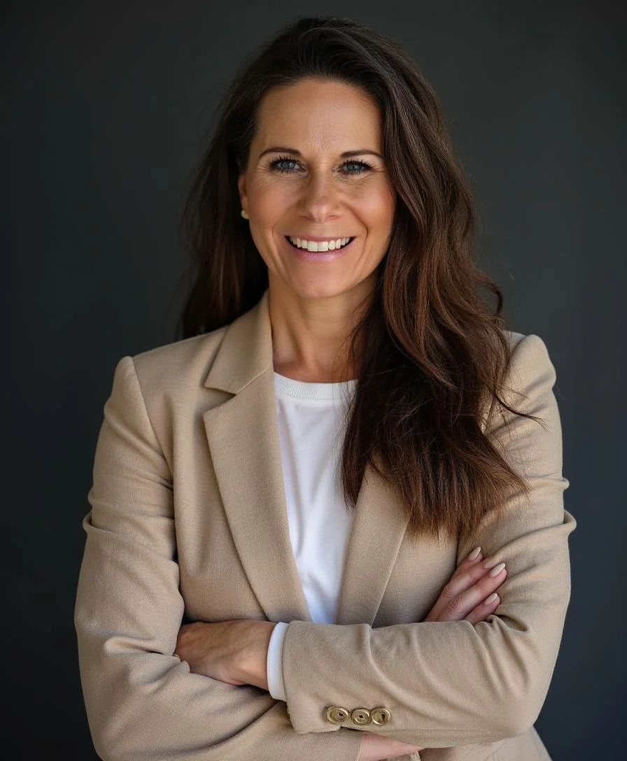 A confident woman with brown hair smiling, crossing her arms, wearing a beige blazer over a white shirt, against a dark background.