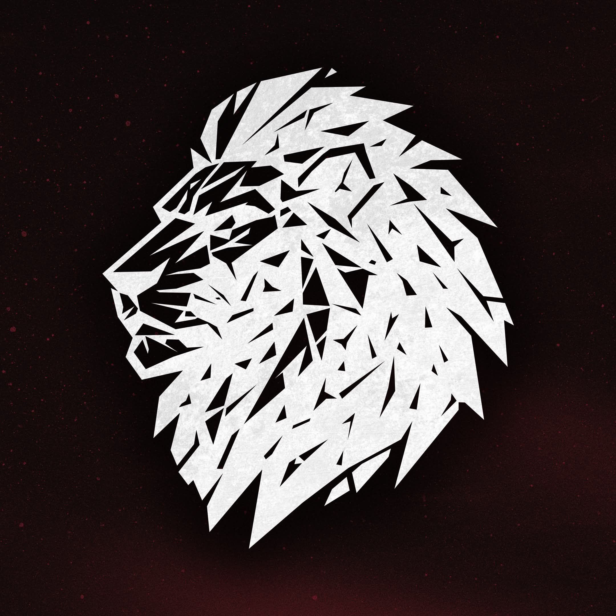 Stylized white geometric lion head logo on a dark background with red speckles.