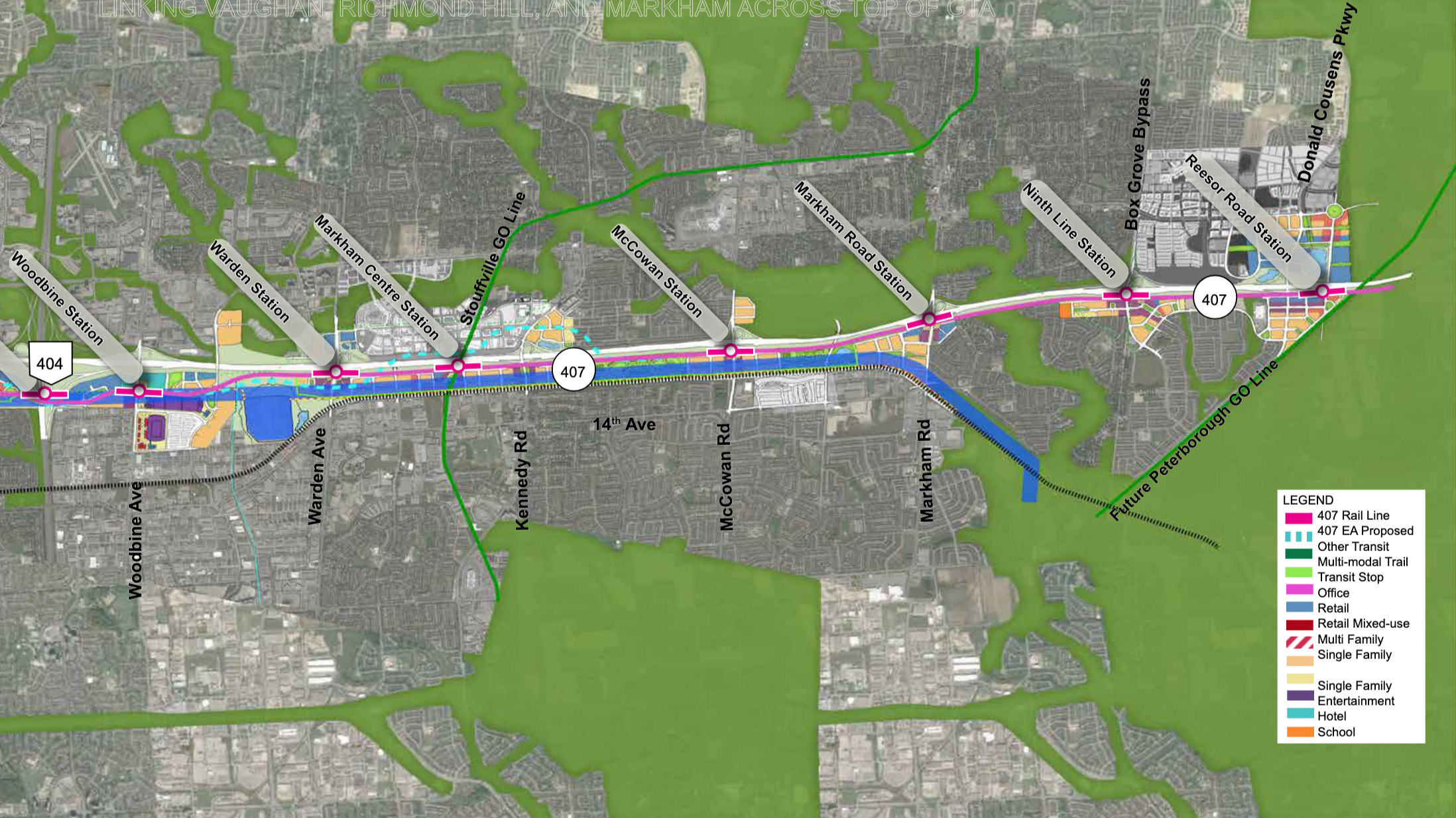 Map of a transit rail line (pink) labeled 407 Rail Line running east-west across the area, with stations at Warden Station, Warden Centre Station, Stouffville GO Line, Markham Road Station, Ninth Line Station, Box Grove Bypass Station, and Donald Cou