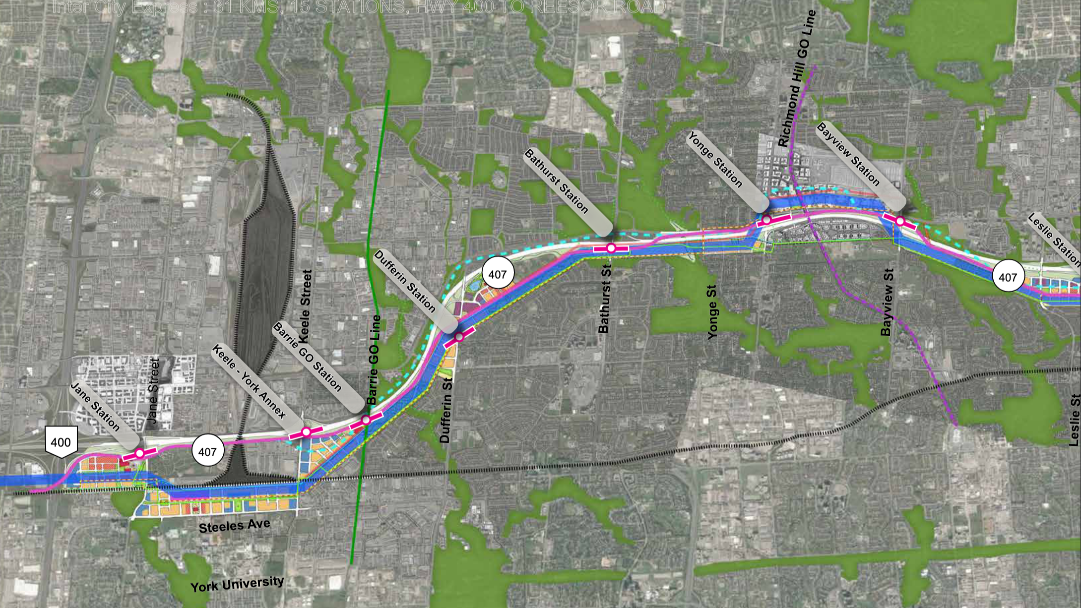 Map showing proposed transit routes in an urban area with stations marked including Bathurst, Keele, Jane, Dufferin, Richmond Hill GO Line, Bayview, Leslie, and York University, along with roads and natural features.