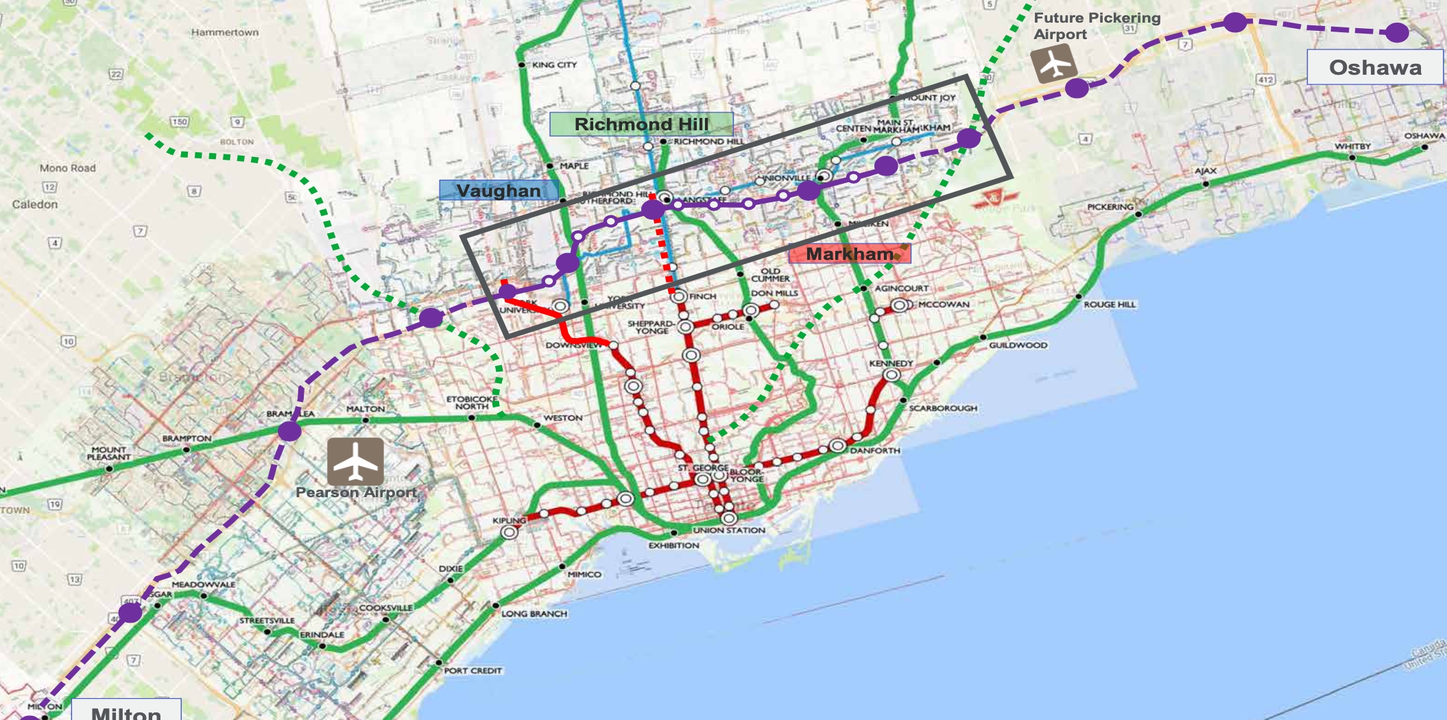 Map of Toronto transit routes highlighting different transit lines, stations, and airports, including Vaughn, Richmond Hill, and Pearson Airport.