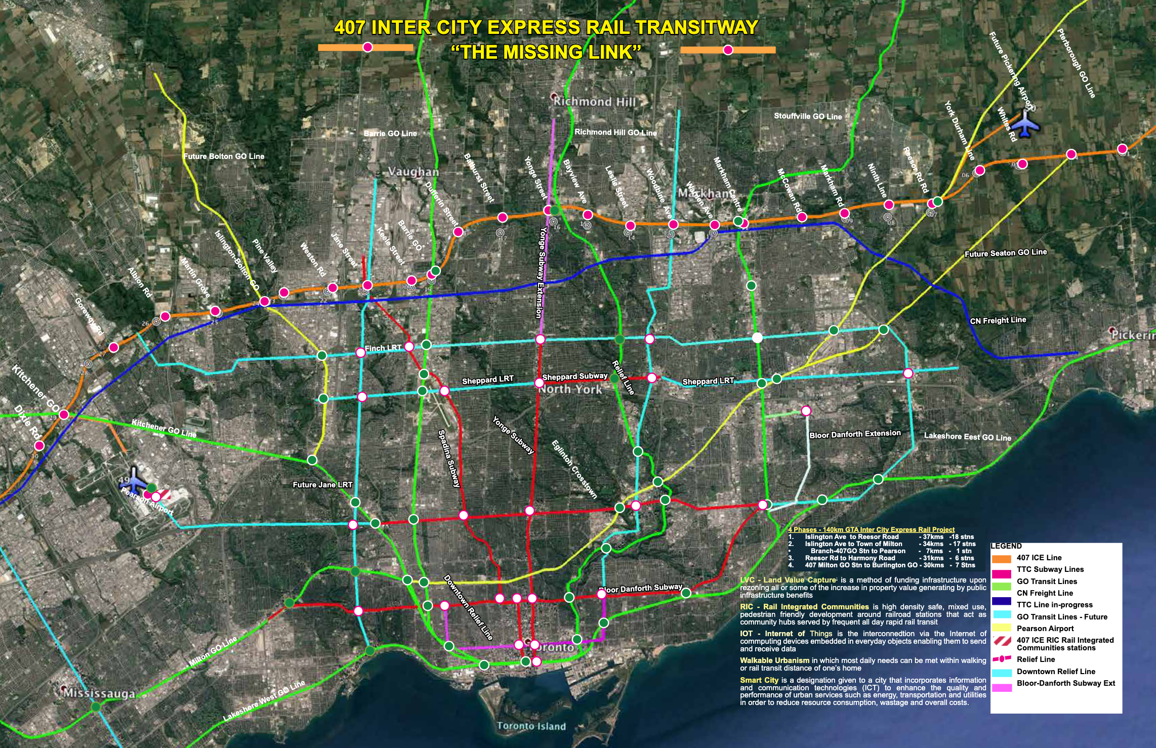 Map of Toronto, showing various transit lines including GO transit lines, TTC subway lines, and future transit projects. The map highlights key stations, lines, and transportation infrastructure with labels, and includes a legend explaining different line symbols and project phases.
