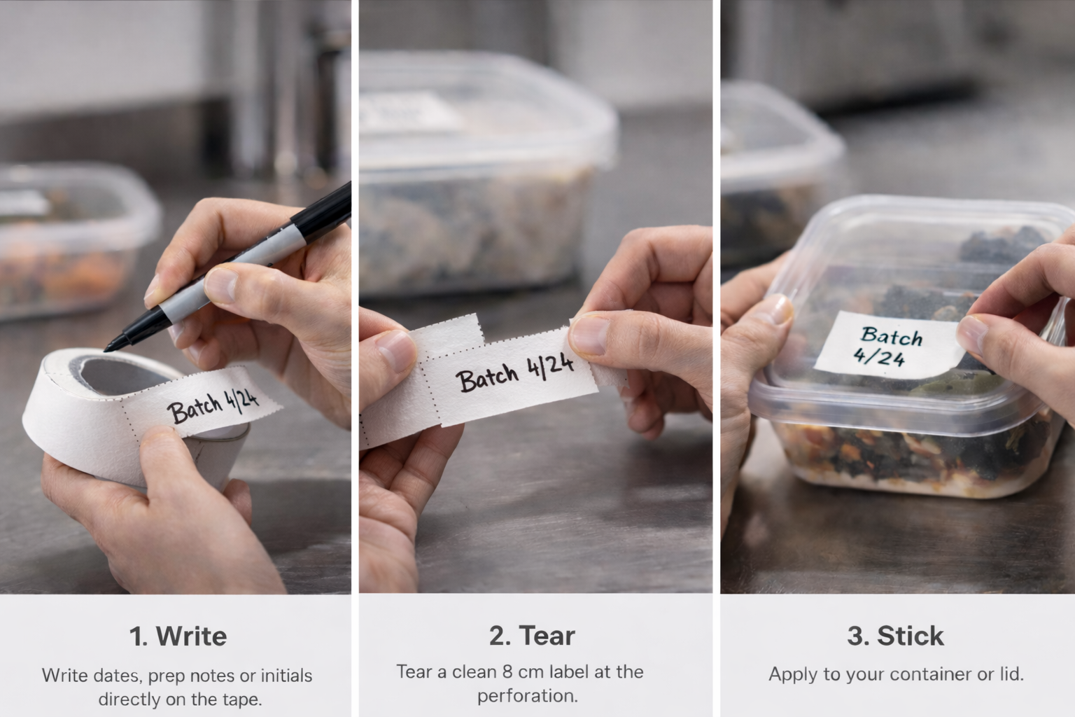 Three-step process for labeling containers: 1. Write using a black marker on label tape, 2. Tear a section of the label at the perforation, 3. Stick the label onto a container with a visible meal inside.