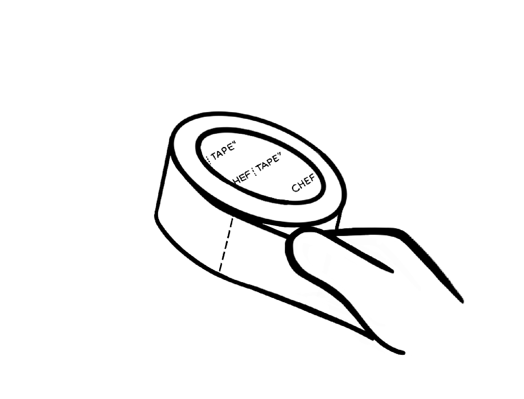 Black and white ICON of a roll of tape with the word ' CHEF TAPE TM ' written multiple times on it. A hand is holding the tape roll, tearing a piece of tape off.