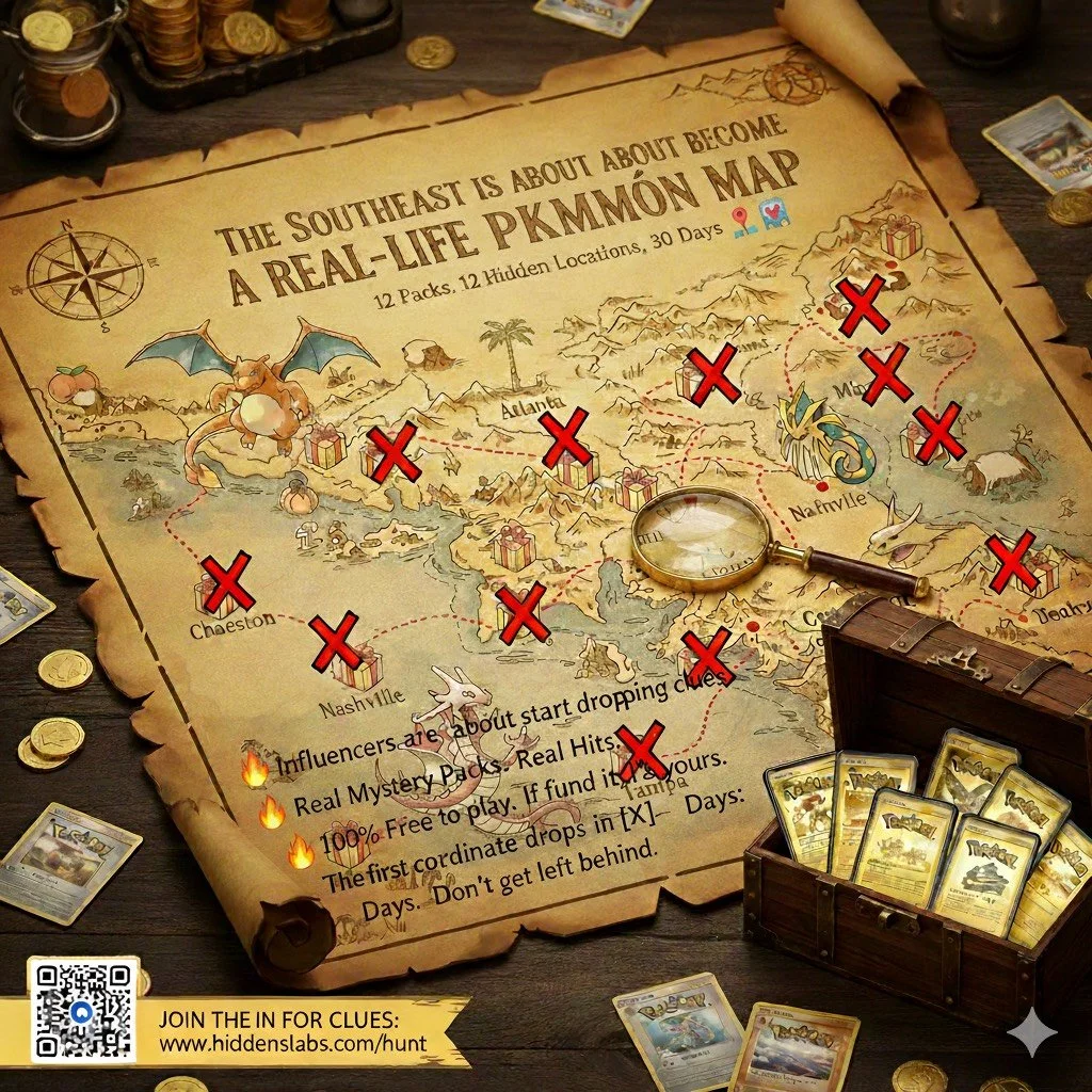 A pirate-themed map titled 'The Southeast is about about become a real-elite PKMMON map' with red X marks over various cities, surrounded by scattered coins, cards, and a treasure chest filled with cards, set on a wooden table.