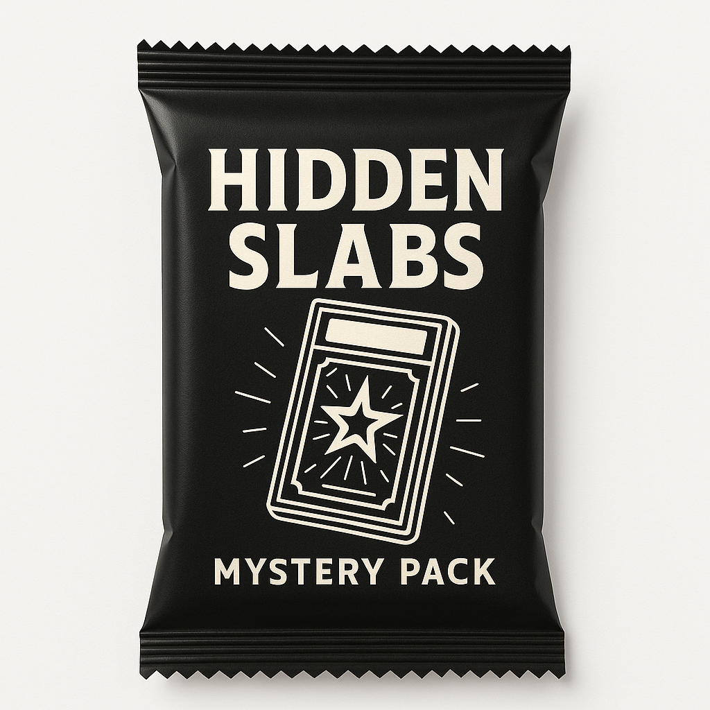 Black snack bag labeled "Hidden Slabs Mystery Pack" with a graphic of a mysterious slab featuring a star.