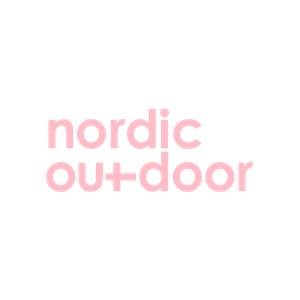 Logo with a circular black icon featuring an arrow pointing upward, and pink text reading 'nordic outdoor' beneath the icon.