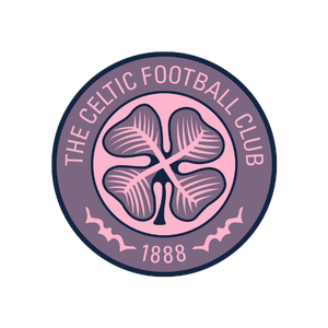 The logo of Celtic Football Club featuring a four-leaf clover and the text 'The Celtic Football Club 1888' in pink and purple colors.