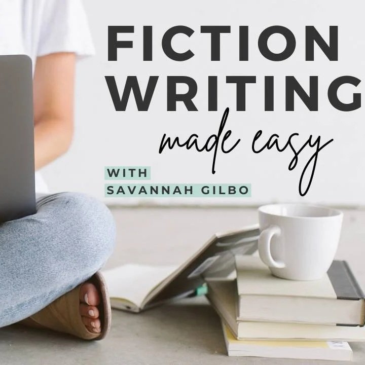 Book titled 'Fiction Writing Made Easy' by Savannah Gilbo with a stack of books, a white coffee mug, a laptop, and a person sitting cross-legged wearing gray sweatpants and a white T-shirt.