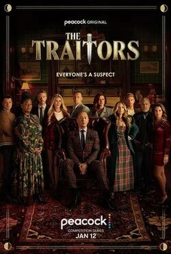 Promotional poster for the TV series 'The Traitors' featuring a group of people, with the character in the center sitting confidently, surrounded by others, in a dark, dramatic setting.