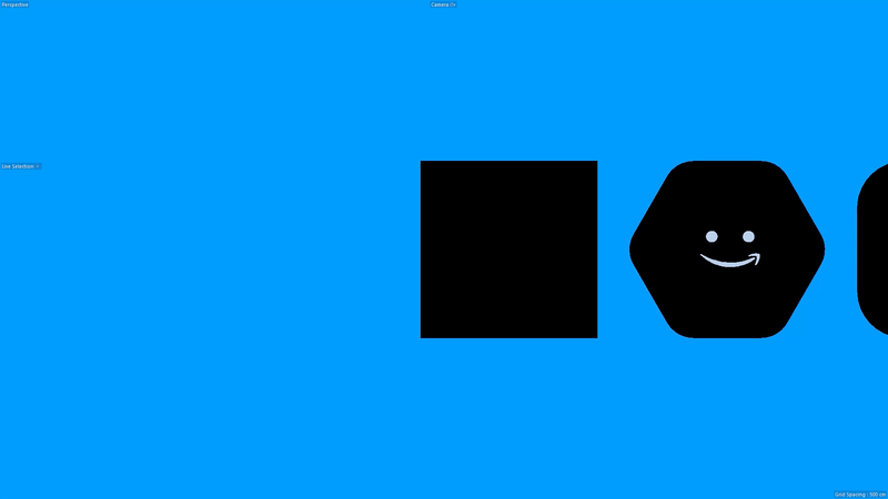 A black stylized face with a smiling mouth and two eyes on a blue background