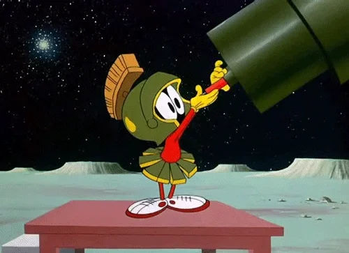 Cartoon mouse in a soldier costume looking through a telescope on a moon-like surface with stars in the sky.