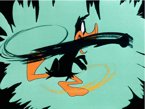 Animation of a black cartoon cat swinging a large black objects, with a shocked expression, surrounded by jagged green and black lines.