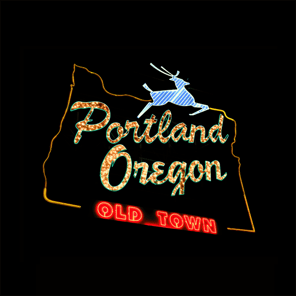 Neon sign shaped like the state of Oregon with the words 'Portland Oregon' and 'Old Town', featuring a lobster at the top.