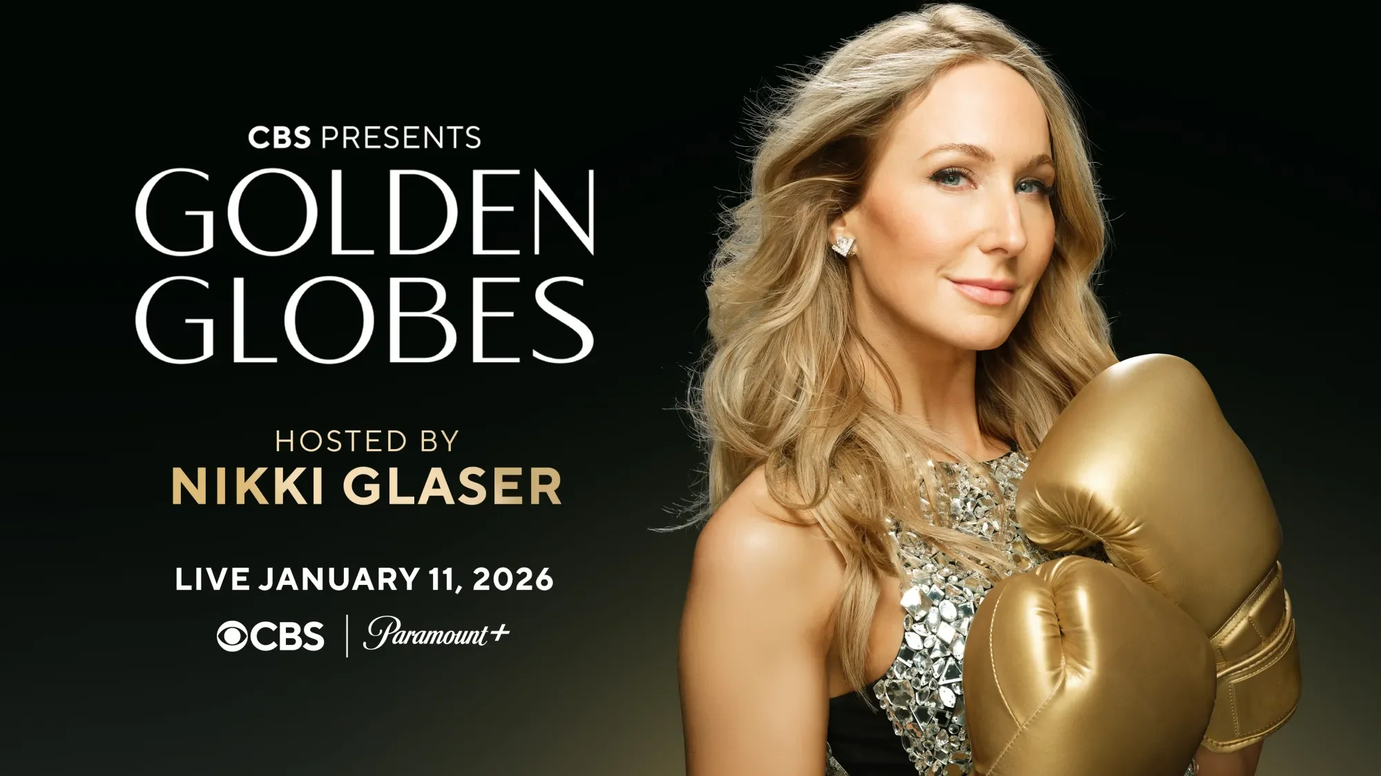 Promotional poster for the CBS show 'Golden Globes', hosted by Nikki Glaser, with a woman holding gold boxing gloves, live January 11, 2026.