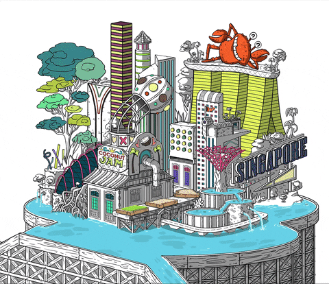 A colorful, illustrated cityscape of Singapore with buildings, a large crab statue on a rooftop, and water features including fountains and a river. The scene includes trees, a jam factory, and various structures.
