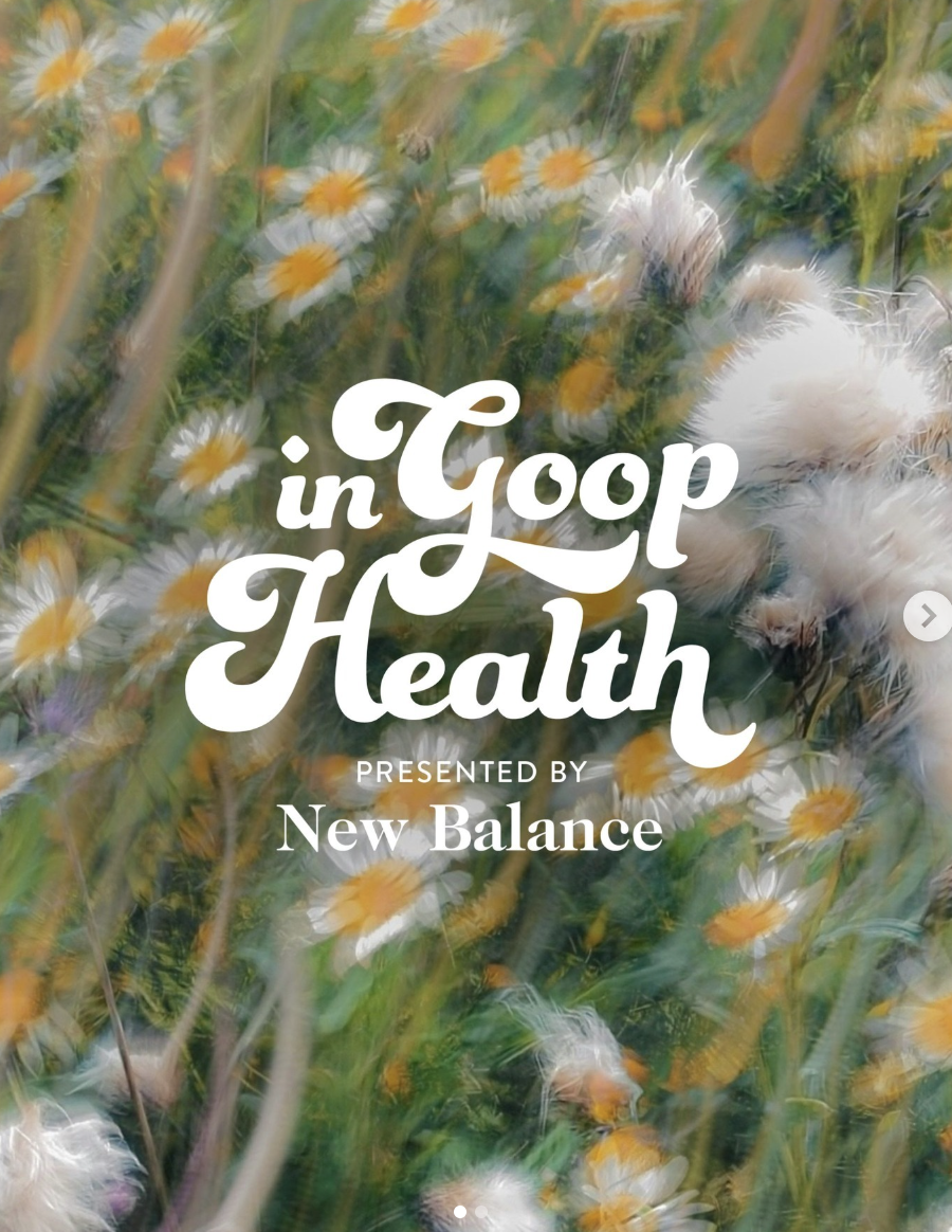 Title screen for In Goop Health presented by New Balance with a background of daisies and dandelions in a blurred, artistic style.