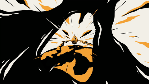 A cartoon-style illustration of a small, humanoid creature with a round head and pointed ears, standing on a hill with a dark, ominous forest surrounding it and an orange sky in the background.