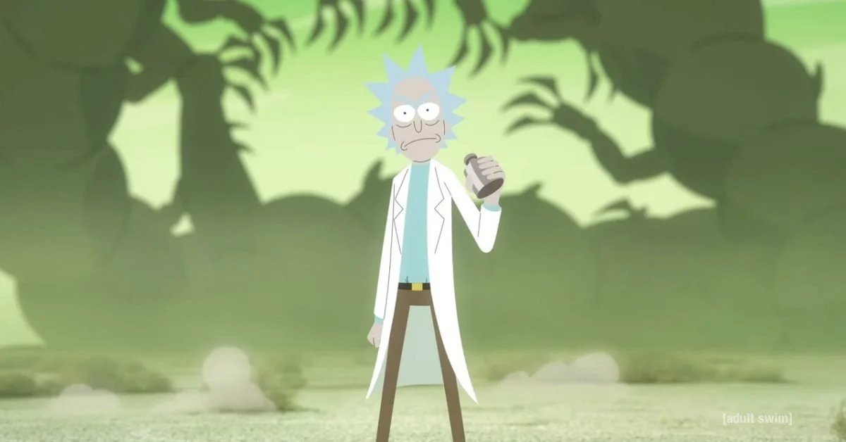 Animated character resembling Rick from Rick and Morty standing in a foggy forest with large trees in the background, holding a flask.