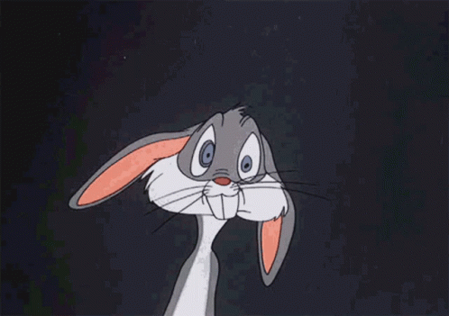 Animated character of a surprised or bewildered gray cartoon rabbit with pink ears and big eyes, against a dark background.