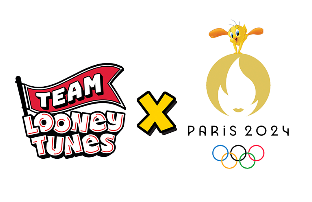 Team Looney Tunes logo next to the Paris 2024 Olympics logo with a cartoon character on top and the Olympic rings below.