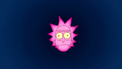 Animated cartoon character with pink spiky hair, yellow eyes, and glasses, floating in a dark blue background.