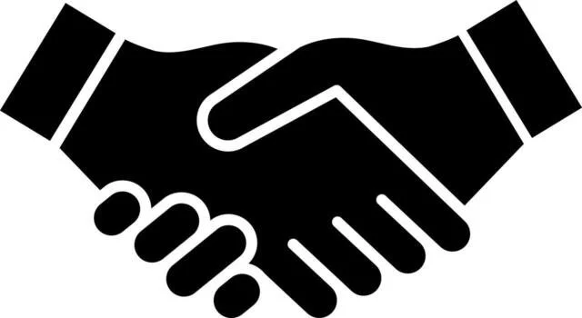 Black and white icon of a handshake.