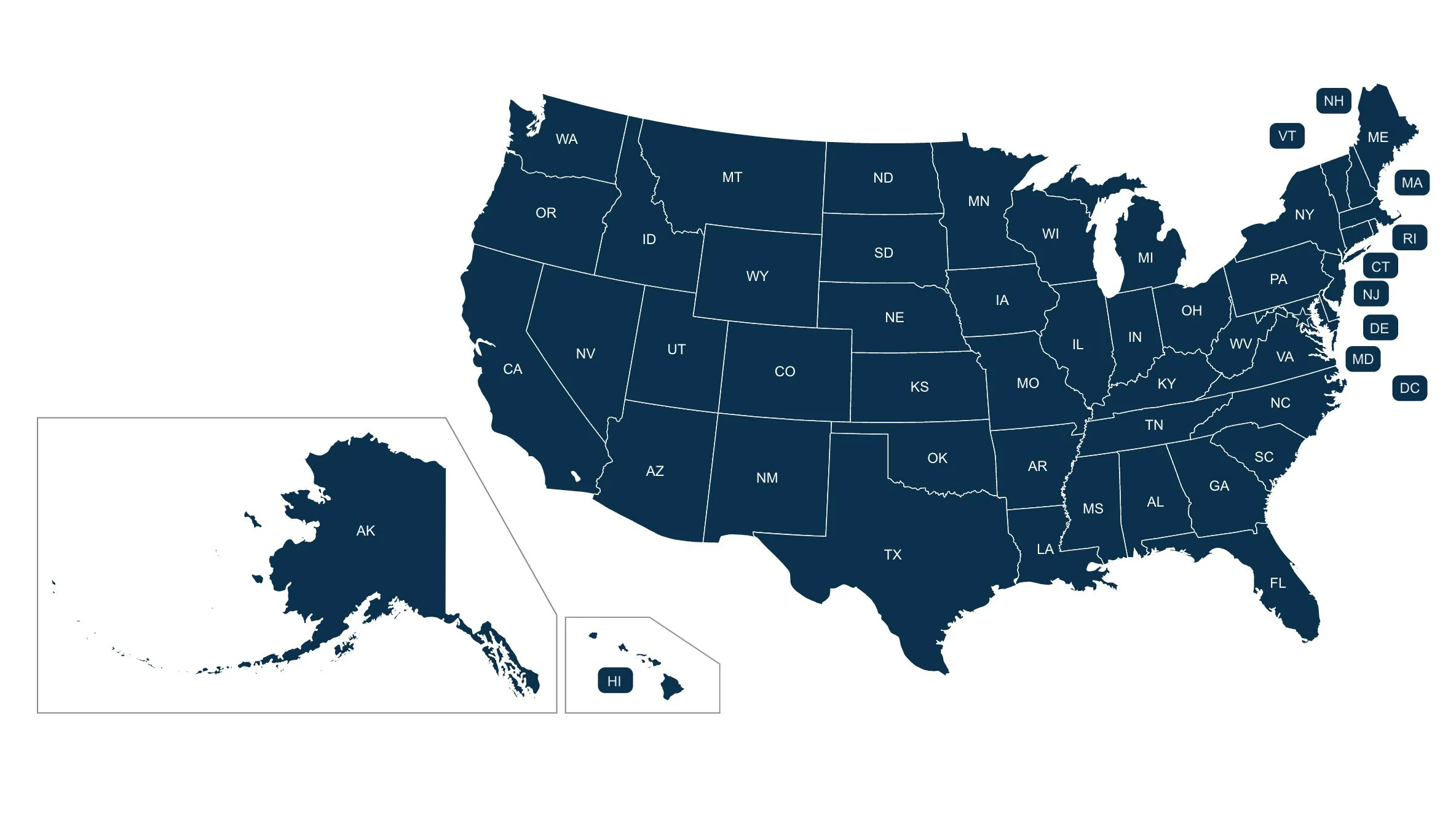 A map of the United States showing each state in dark blue with white outlines and abbreviations.