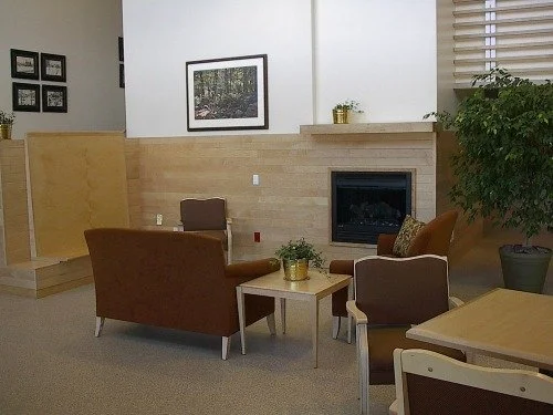 Living room with a fireplace, two brown armchairs, a beige sofa, a wooden coffee table with a plant, and a large potted plant near window with blinds.