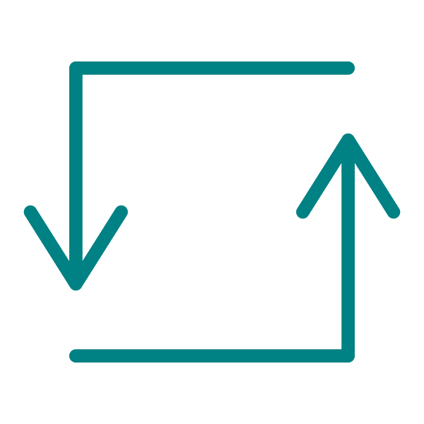 A black background with a teal outline of a square that has a downward arrow on the left side and an upward arrow on the right side, representing an exchange or swap.