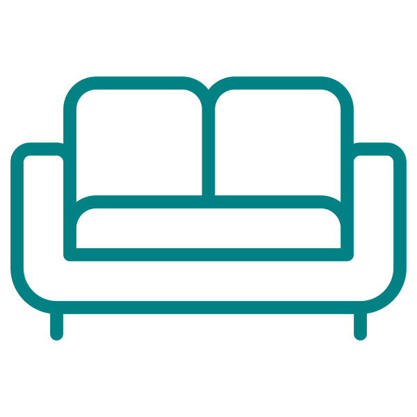 Icon of a teal sofa with two cushions on a black background.
