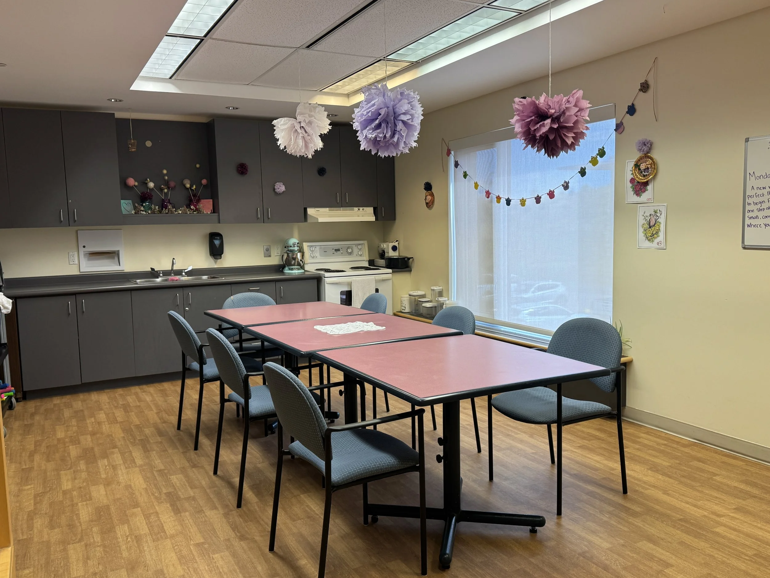 Activity Room/Meeting room with a large table surrounded by chairs, a window with a view outside, and a kitchenette with shelves and cabinets in the background.