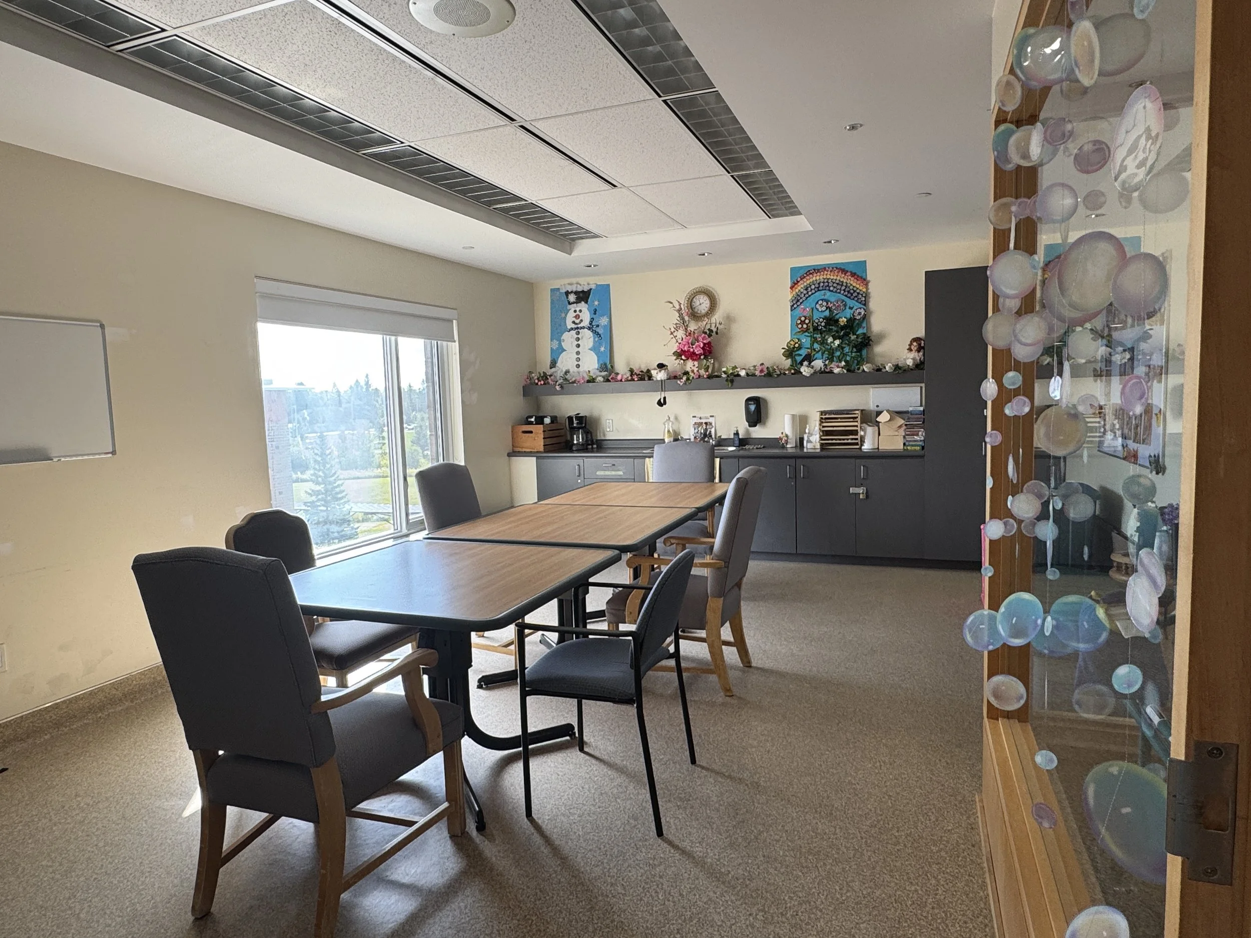Activity Room/Meeting room with a large table surrounded by chairs, a window with a view outside, and cabinets in the background.