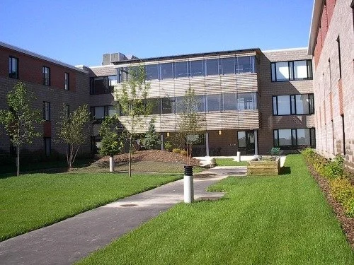 Courtyard with a paved walkway, small trees, benches, and grass, surrounded by residential buildings with large windows.