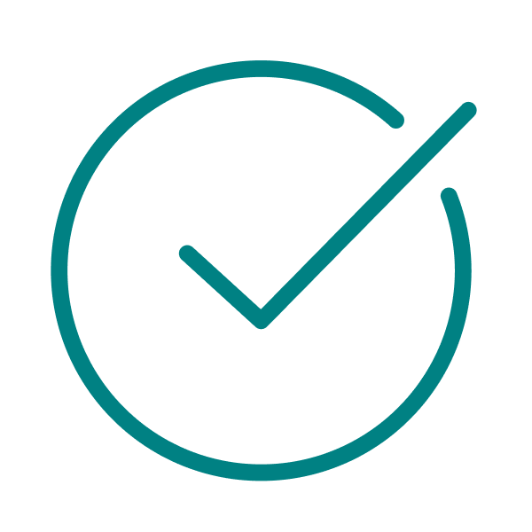 A teal-colored checkmark inside a circle on a black background, representing completion or approval.