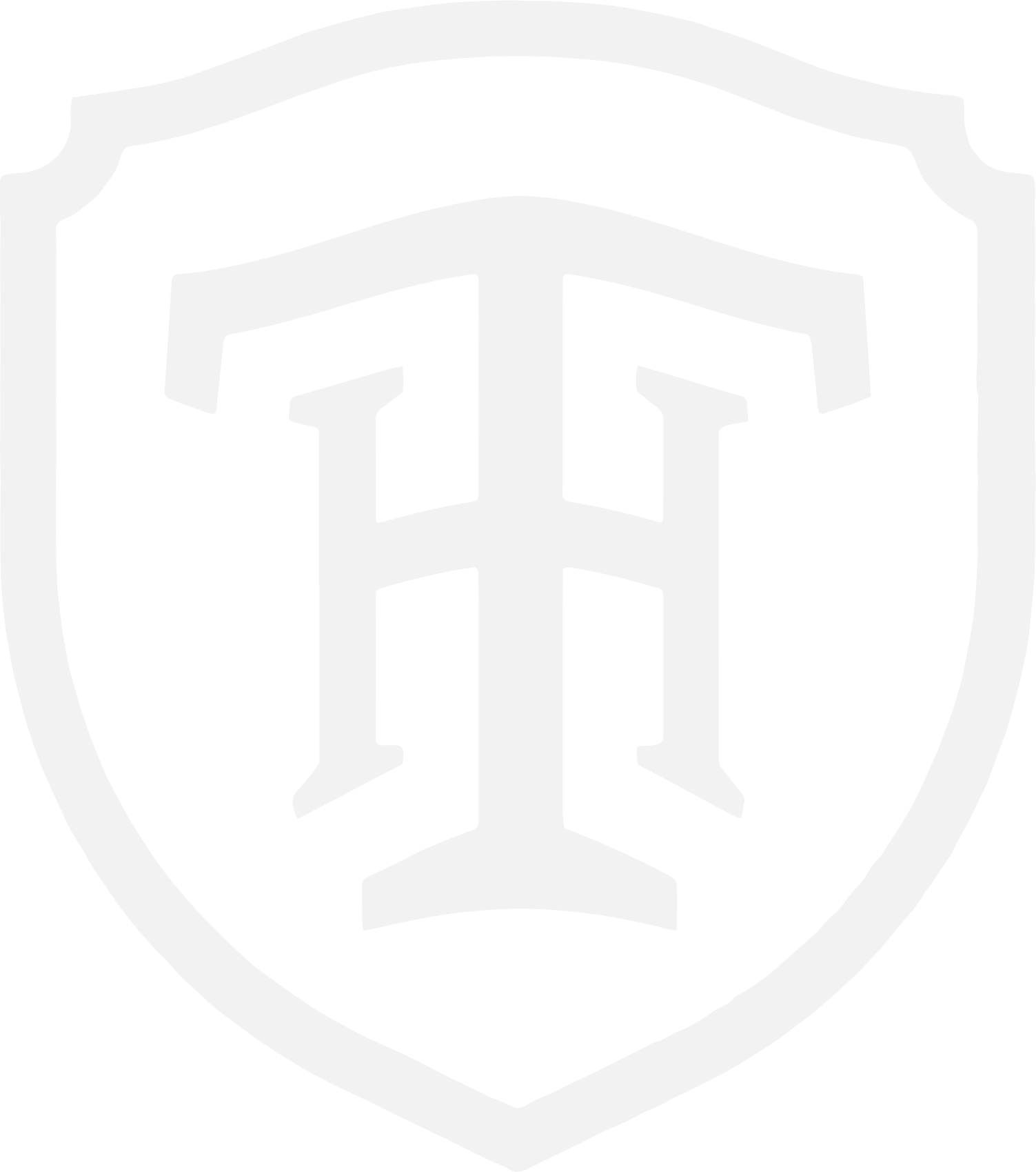 White Interlocking TH monogram within a Shield shape to form a crest.