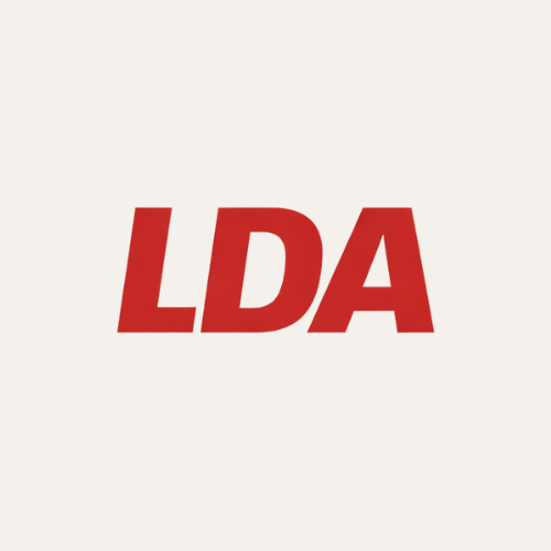Red text reading 'LDA' on a white background.