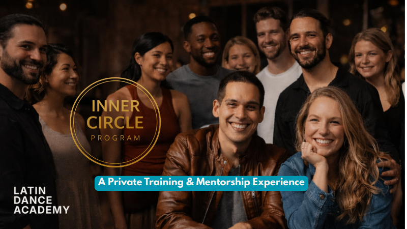 Group of smiling diverse young adults gathered indoors at a Latin dance academy event, promoting an inner circle program with private training and mentorship.