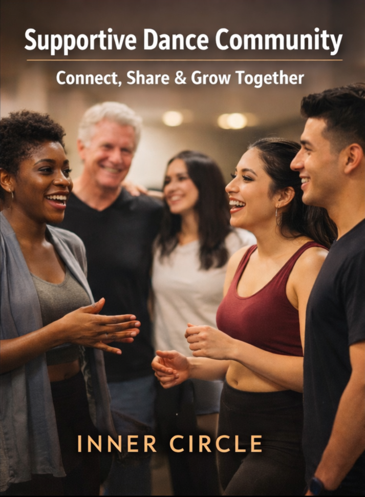 A diverse group of five people smiling and talking in a supportive dance community, with the text 'Supportive Dance Community: Connect, Share & Grow Together' at the top and 'Inner Circle' at the bottom.