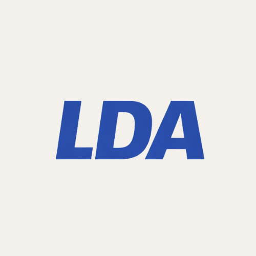 Blue text reading 'LDA' on a white background.