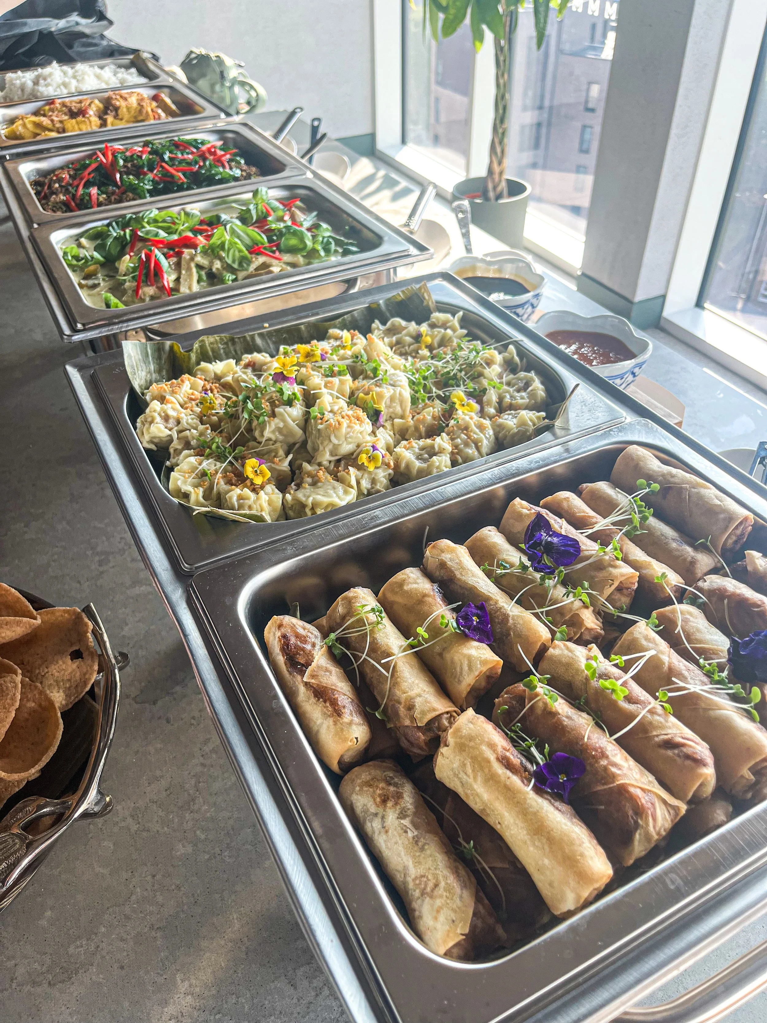 Buffet table with various Asian dishes, including spring rolls, dumplings, salads, and rice, set near a window with sunlight.