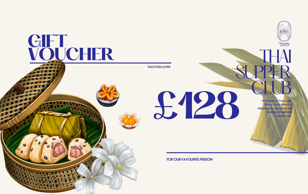 Gift voucher for Thai supper club, valued at 128 pounds, featuring images of traditional Thai food items and decorative flowers.