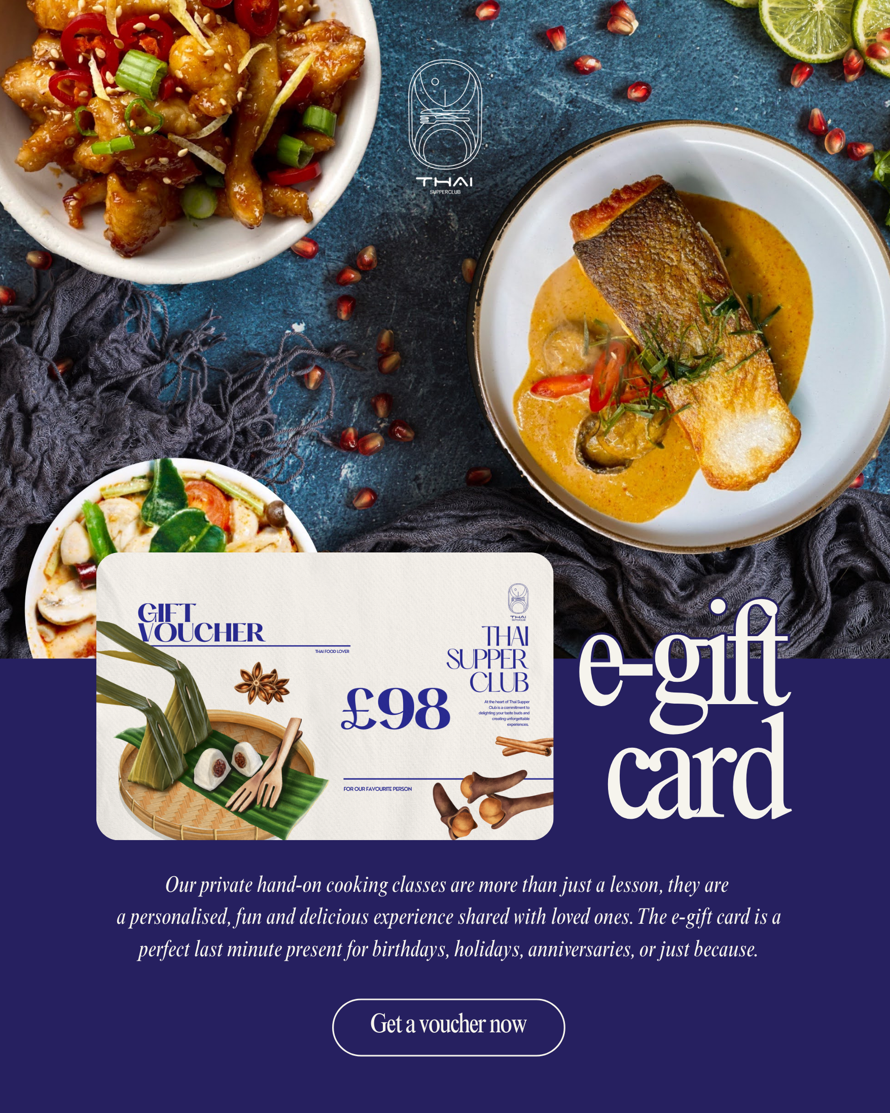 Various Thai dishes including fish in yellow curry, fried chicken with vegetables, and a side dish, with a Thai food gift voucher and promotional text on a dark background.